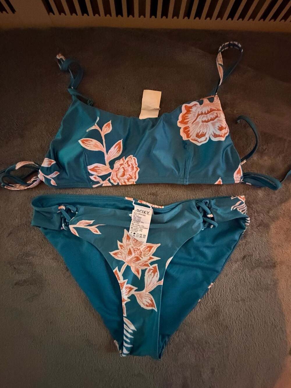 Roxy Floral Crochet Bikini Set Size M Blue Green Floral Print Two Piece Swimsuit